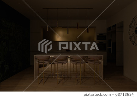 3D render of a kitchen with big cooking island... - Stock Illustration ...