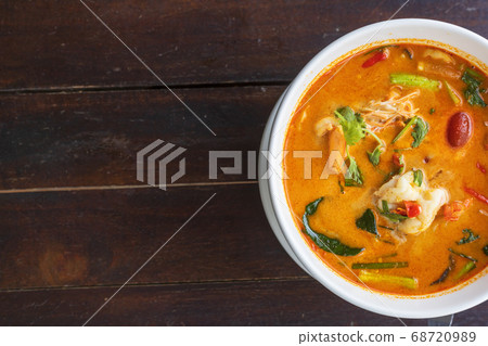 top view Tom Yam kung Spicy Thai soup with shrimp top view Tom Yam kung Spicy Thai soup with shrimp 68720989