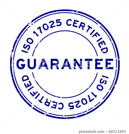 Grunge blue iso 17025 certified guarantee word round rubber seal stamp on white background 68721845