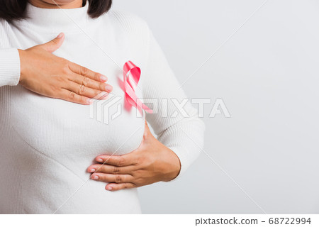 woman she have pink breast cancer awareness ribbon woman she have pink breast cancer awareness ribbon 68722994