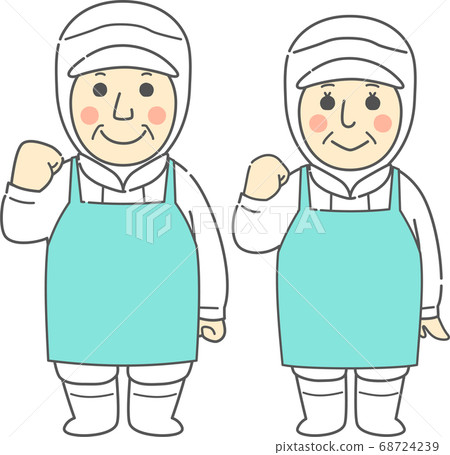 Middle-aged and older men and women wearing dust-free clothes and aprons that pose for guts-smiling-white Middle-aged and older men and women wearing dust-free clothes and aprons that pose for guts-smiling-white 68724239