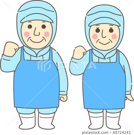 Middle-aged and senior men and women wearing dust-free clothes and aprons that pose for guts-smiling / blue Middle-aged and senior men and women wearing dust-free clothes and aprons that pose for guts-smiling / blue 68724241