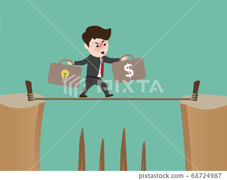 Businessman walks tightrope with idea and money 68724987