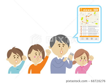 Illustration image of a family using a bus application on a smartphone 68728276