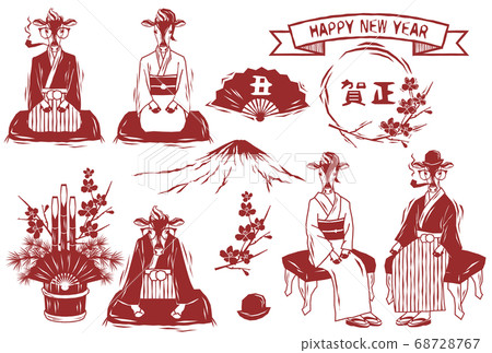 Woodcut style 2021 kimono cow and kadomatsu new year card vector illustration material set Woodcut style 2021 kimono cow and kadomatsu new year card vector illustration material set 68728767