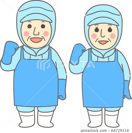 Middle-aged and senior men and women wearing dust-free clothes, aprons, and gloves that guts pose-smile blue Middle-aged and senior men and women wearing dust-free clothes, aprons, and gloves that guts pose-smile blue 68729318