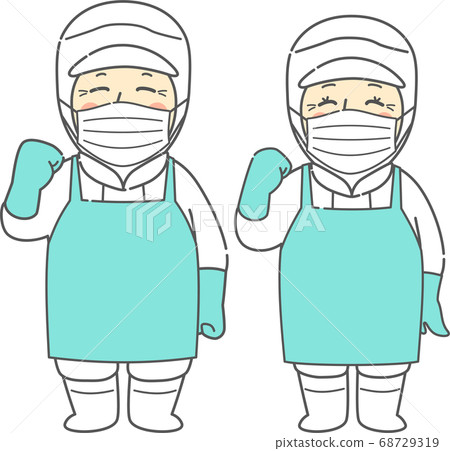 中老年男女穿著無塵衣服,圍裙手套和內膽姿勢-面具白 中老年男女穿著無塵衣服,圍裙手套和內膽姿勢-面具白 68729319