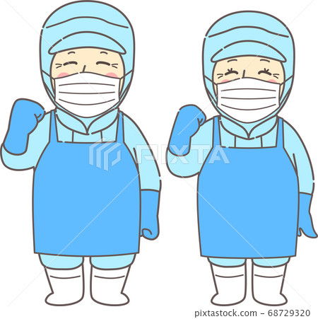 中老年男女穿著無塵衣服,圍裙手套和內膽姿勢-面具藍色 中老年男女穿著無塵衣服,圍裙手套和內膽姿勢-面具藍色 68729320