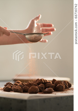 young female hands sprinkle fresh chocolate truffles with cocoa powder on concrete countertop young female hands sprinkle fresh chocolate truffles with cocoa powder on concrete countertop 68730742