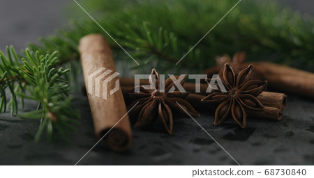 spruce twig with cinnamon and anise on terrazzo countetop spruce twig with cinnamon and anise on terrazzo countetop 68730840
