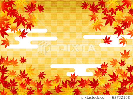 Japanese paper watercolor style autumnal leaves and golden checkered background horizontal Japanese paper watercolor style autumnal leaves and golden checkered background horizontal 68732108