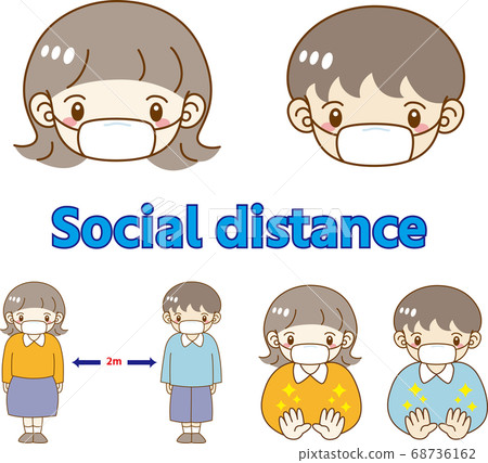 戴著社交距離口罩的男人和女人的插圖 68736162