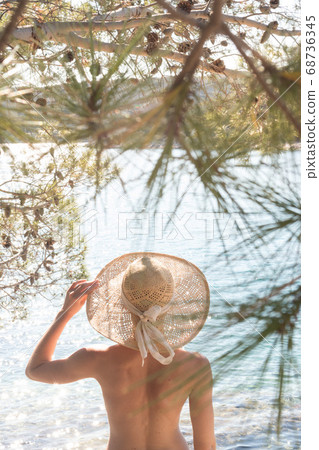 Rear view of topless beautiful woman wearing nothing but straw sun hat realaxing on wild coast of Adriatic sea on a beach in shade of pine tree. Rear view of topless beautiful woman wearing nothing but straw sun hat realaxing on wild coast of Adriatic sea on a beach in shade of pine tree. 68736345