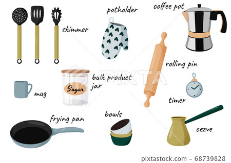 Set of kitchen tools with names. Vector illustrations. 2788445