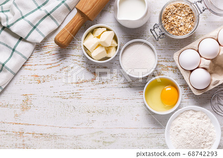 Ingredients for baking - flour, eggs, salt Ingredients for baking - flour, eggs, salt 68742293
