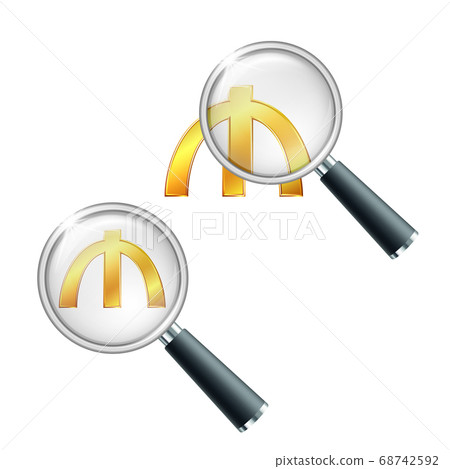 Golden Azerbaijani manat currency symbol with magnifying glass. 68742592