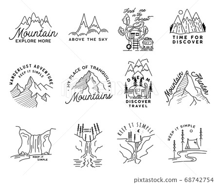 Vintage simple camp logo designs set. Outdoor adventure line art scenes, hiking landscapes bundle. Silhouette linear concept. Stock vector badges Vintage simple camp logo designs set. Outdoor adventure line art scenes, hiking landscapes bundle. Silhouette linear concept. Stock vector badges 68742754