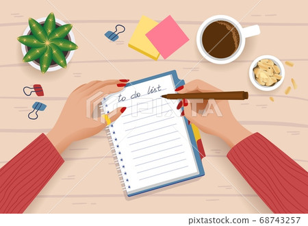 To do list. Top view of cartoon character planning day or shopping list with paper notebook and cup of coffee. Vector daytime routine scene 68743257