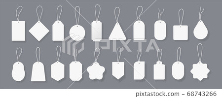White tags. Price labels mockup with realistic shadows and threads, blank round and square tags for luggage and gift cards. Vector isolated set 68743266