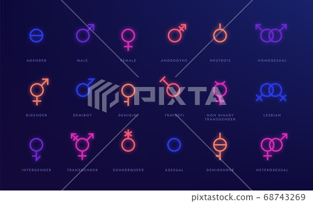 Gender neon icons. Glowing light symbols of sexual orientation, LGBT gay unisex asexual female male nonbinary transgender. Vector set 68743269