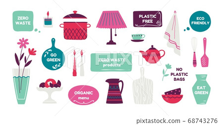 Zero waste products. Reusable cutlery food and containers, trendy hand drawn ecology banners with quotes and grocery. Vector recycle set 68743276