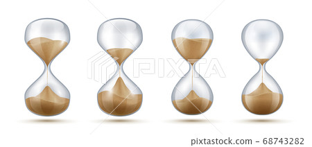 Realistic hourglass. Sand clock with glass flask and reflections isolated on white background. Vintage classic interior decoration vector template 68743282