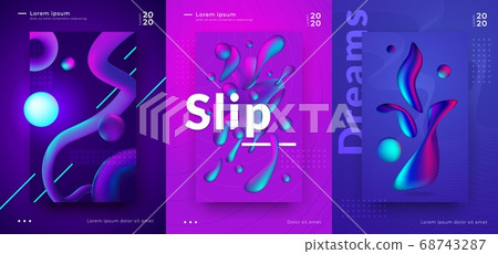 Gradient poster. Cover design with abstract minimal shapes, bright vibrant colors and 3D geometric objects. Vector futuristic music banner set 68743287