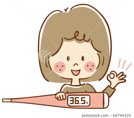 A woman in a pose with a smile and a thermometer 68744320