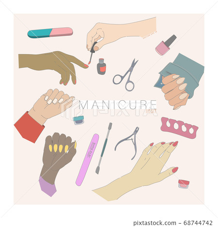 Big set of hands with manicure and tools. Vector illustration for design, blogging, advertising. 68744742