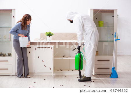 Young male contractor and female client during pest control Young male contractor and female client during pest control 68744862