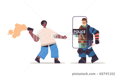 riot police officer attacking protester with smoke bomb during clashes demonstration protest control 68745102