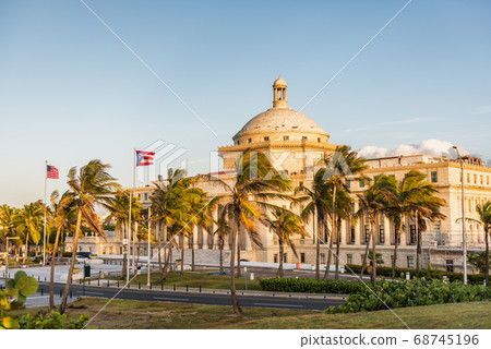 Puerto Rico San Juan Capital District Capitol building. USA travel cruise destination in Latin America. Street view of famous landmark marble dome in city near Old San Juan. 68745196