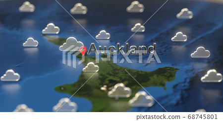 Cloudy weather icons near Auckland city on the map, weather forecast related 3D rendering Cloudy weather icons near Auckland city on the map, weather forecast related 3D rendering 68745801