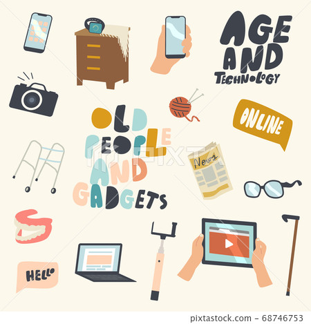 Set of Icons Seniors and Gadget Theme. Old People Use Devices Tablet Pc, Laptop and Smartphone, Smart Watches and Camera 68746753