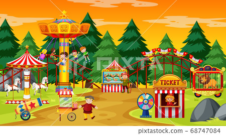 Amusement park scene at daytime with yellow sky 68747084