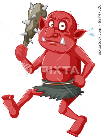 Red goblin or troll holding hunting tool in 68747326