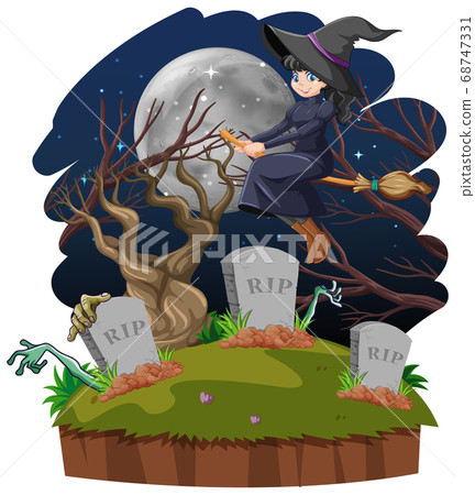 Witch rides broomstick across the tomb isolated on Witch rides broomstick across the tomb isolated on 68747331