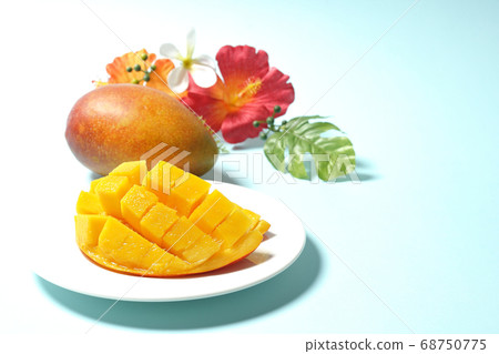 Dice-cut tropical fruit mango and hibiscus artificial flowers 68750775