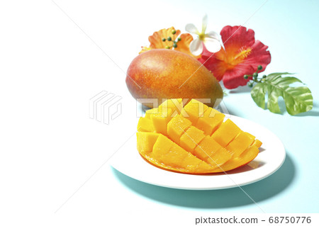 Dice-cut tropical fruit mango and hibiscus artificial flowers 68750776