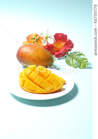 Dice-cut tropical fruit mango and hibiscus artificial flowers 68750778