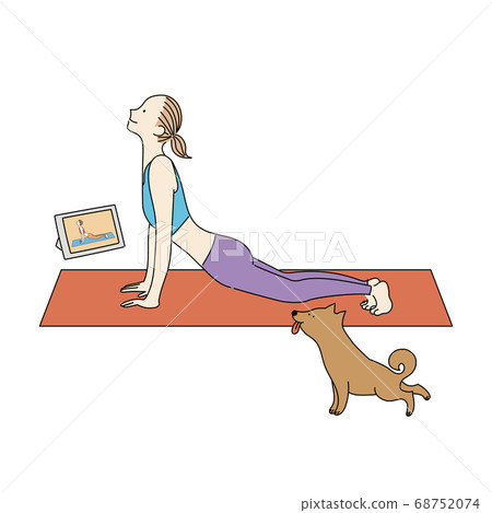 Woman taking her yoga lesson online and her dog Woman taking her yoga lesson online and her dog 68752074