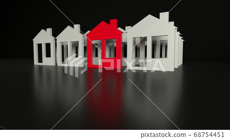 Red cozy house in front of group of white houses 68754451