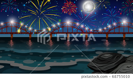 Celebration fireworks with bridge scene Celebration fireworks with bridge scene 68755010