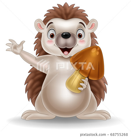 Cartoon little hedgehog holding a mushroom 68755268