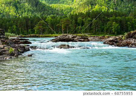Stormy mountain river flowing along a mountain valley 68755955