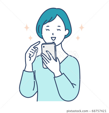 A happy woman looking at a smartphone 68757421