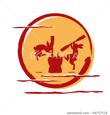 兔子剪影與麻silhouette在滿月與貨架上的雲，用兩種顏色繪製 68757514