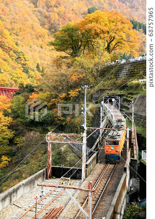 Kurobe Gorge and trolley train in autumn colors Kurobe Gorge and trolley train in autumn colors 68757965
