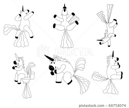 Set Unicorns smiling pooping a rainbow, fantasy cute character beast multicolored shit turd, lineart. Vector illustration isolated doodle style 68758074