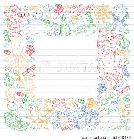 Vector pirate set in cartoon style. Sweet card with pirates, ship, whale, crab, octopus, mermaid, rum, anchor, treasure, fish, island and parrot. Vector pirate set in cartoon style. Sweet card with pirates, ship, whale, crab, octopus, mermaid, rum, anchor, treasure, fish, island and parrot. 68758320